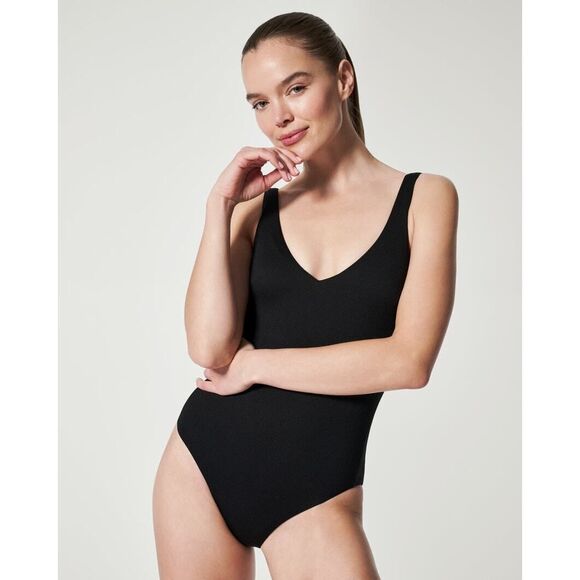 Spanx Swimsuits Women's Size Medium Black Pique Shaping Plunge One Piece NWOT - Picture 5 of 10